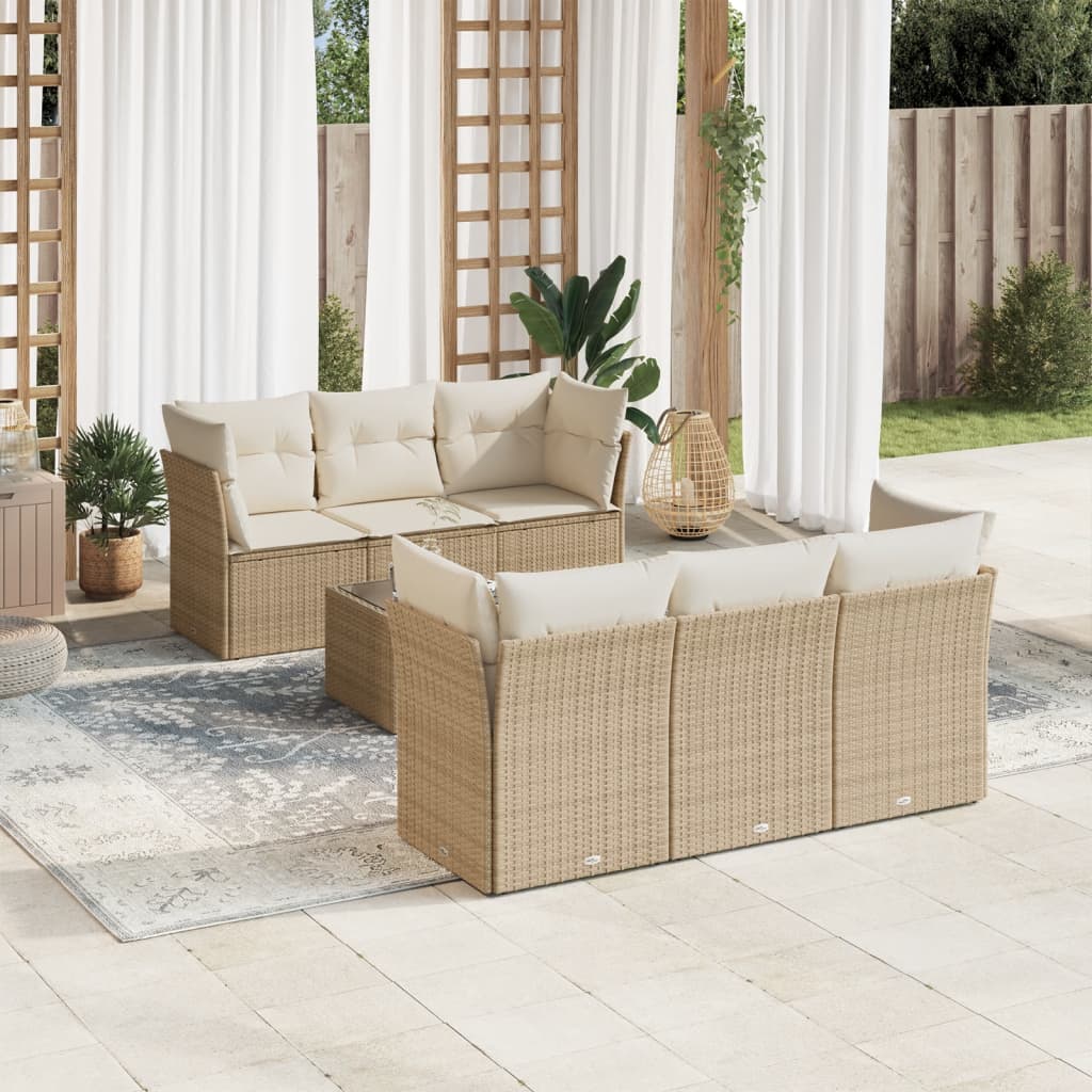 JUNG Vida 7-tlg. Garten-Sofagarnitur mit Kissen Beige Poly Rattan