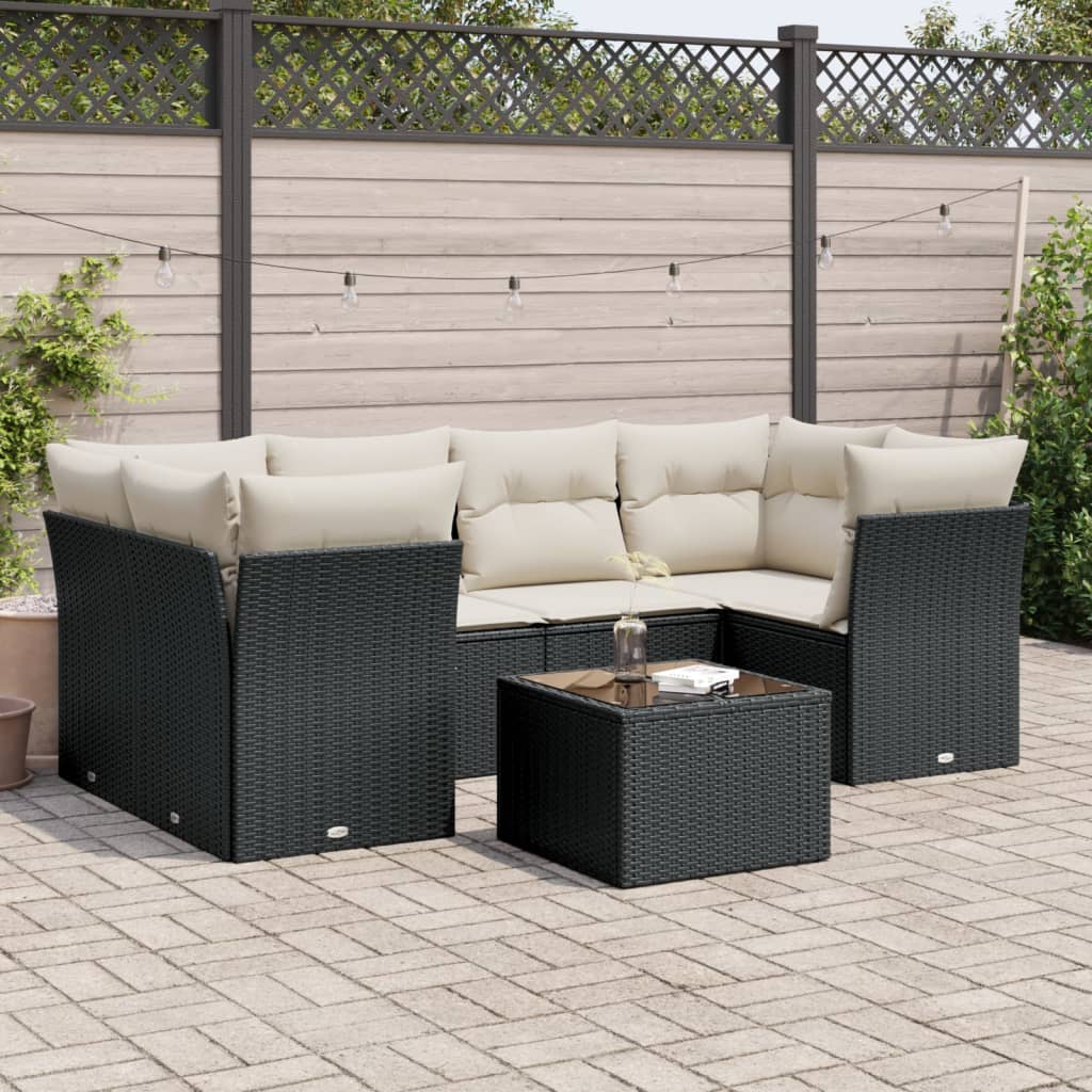 JUNG Vida 7-tlg. Garten-Sofagarnitur mit Kissen Schwarz Poly Rattan