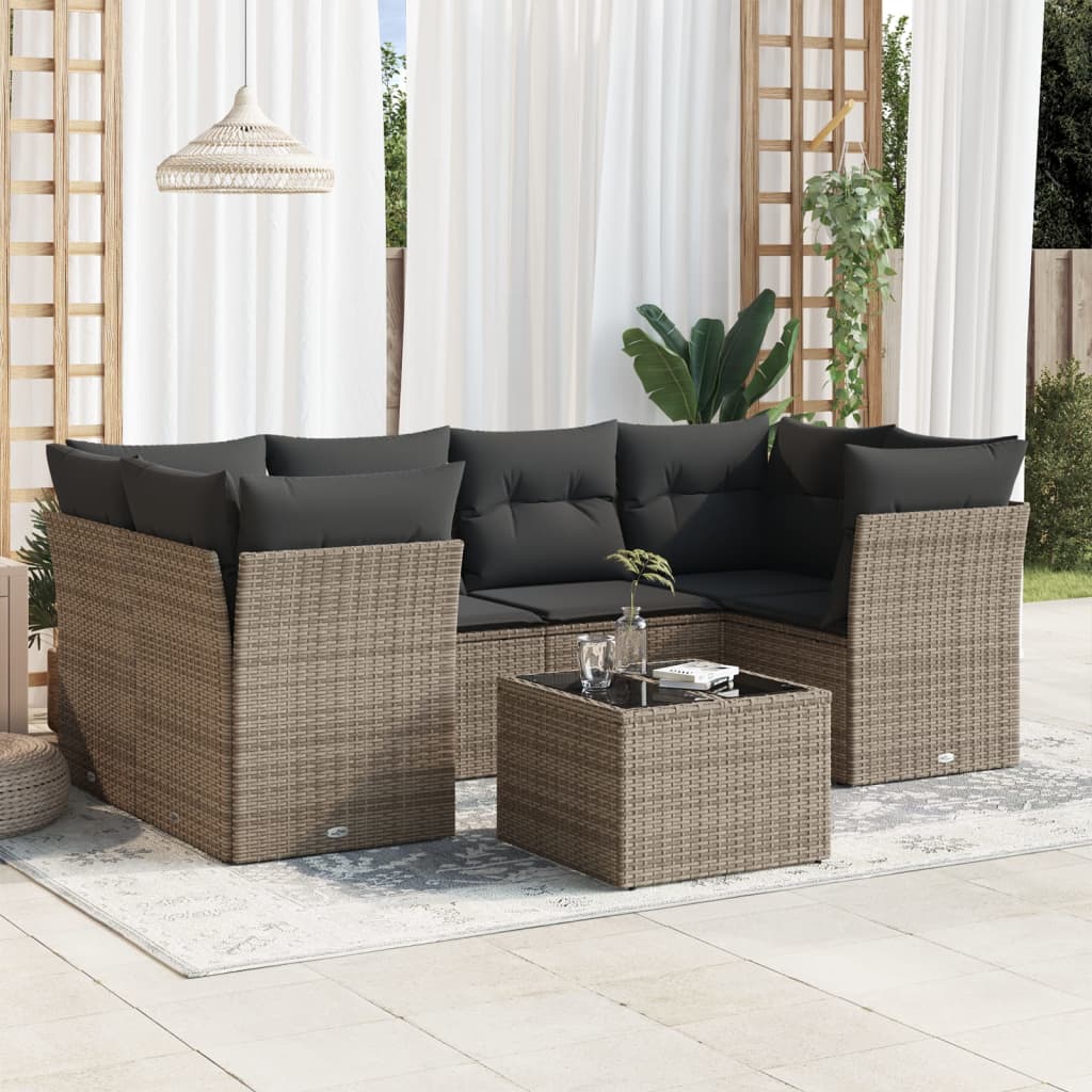 JUNG Vida 7-tlg. Garten-Sofagarnitur mit Kissen Grau Poly Rattan