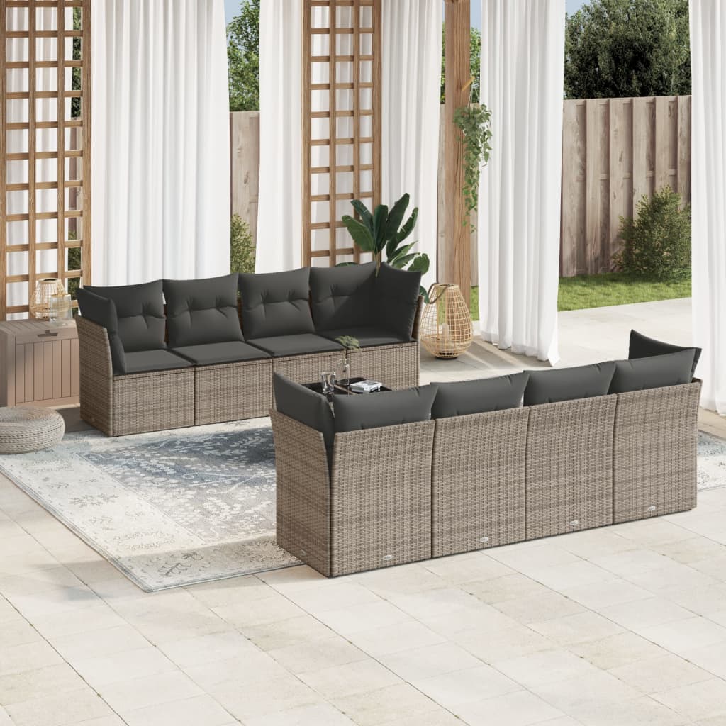 JUNG Vida 9-tlg. Garten-Sofagarnitur mit Kissen Grau Poly Rattan