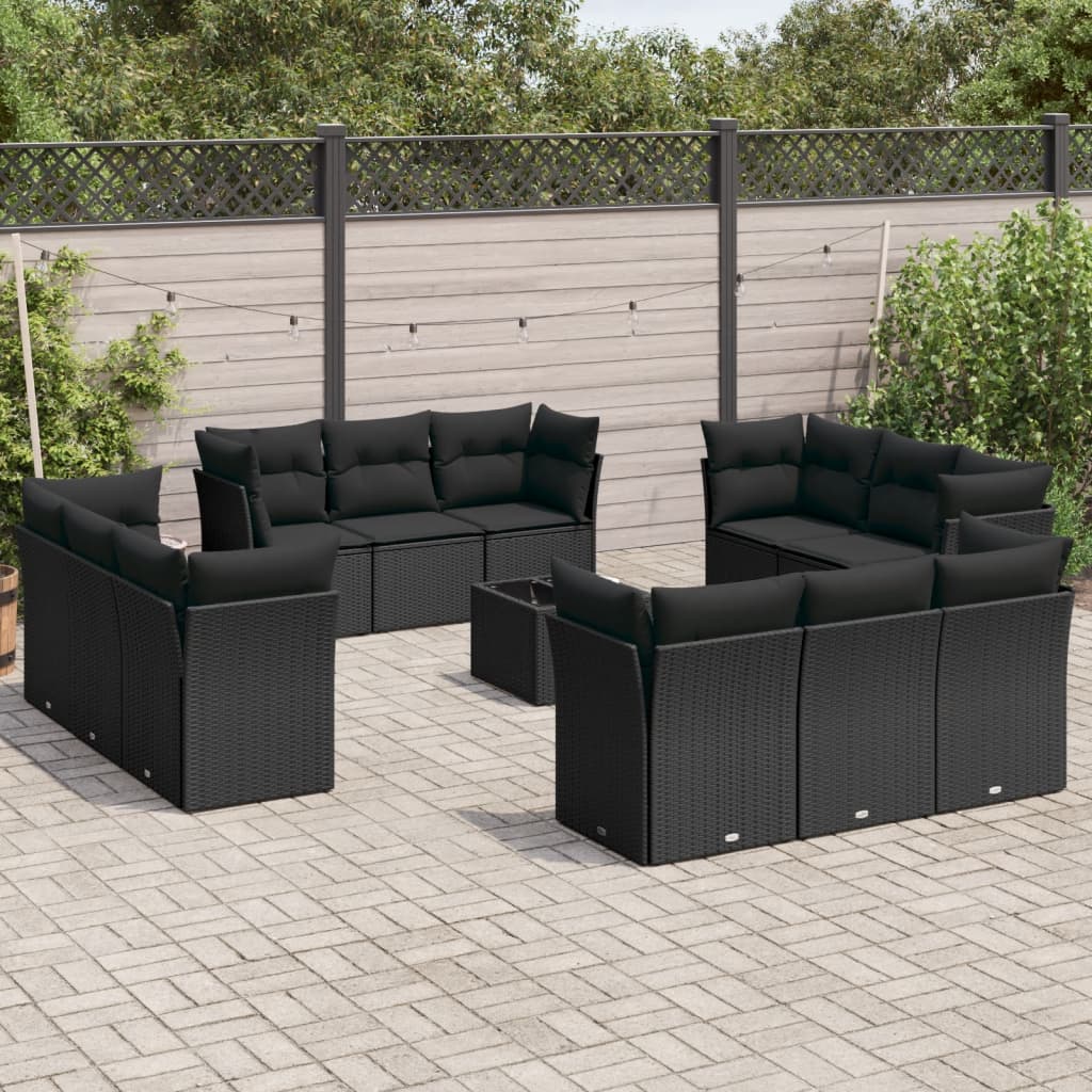 JUNG Vida 13-tlg. Garten-Sofagarnitur mit Kissen Schwarz Poly Rattan