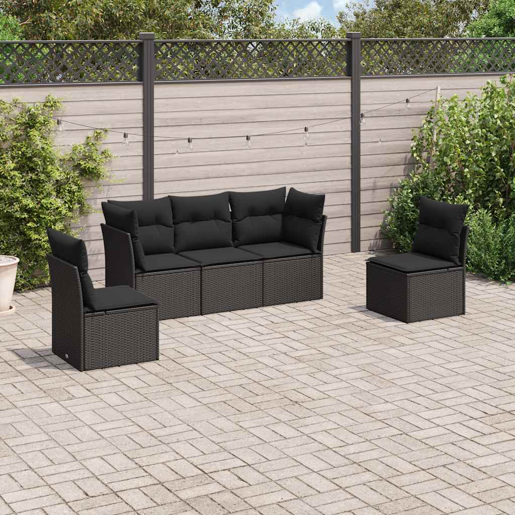 JUNG Vida 5-tlg. Garten-Sofagarnitur mit Kissen Schwarz Poly Rattan