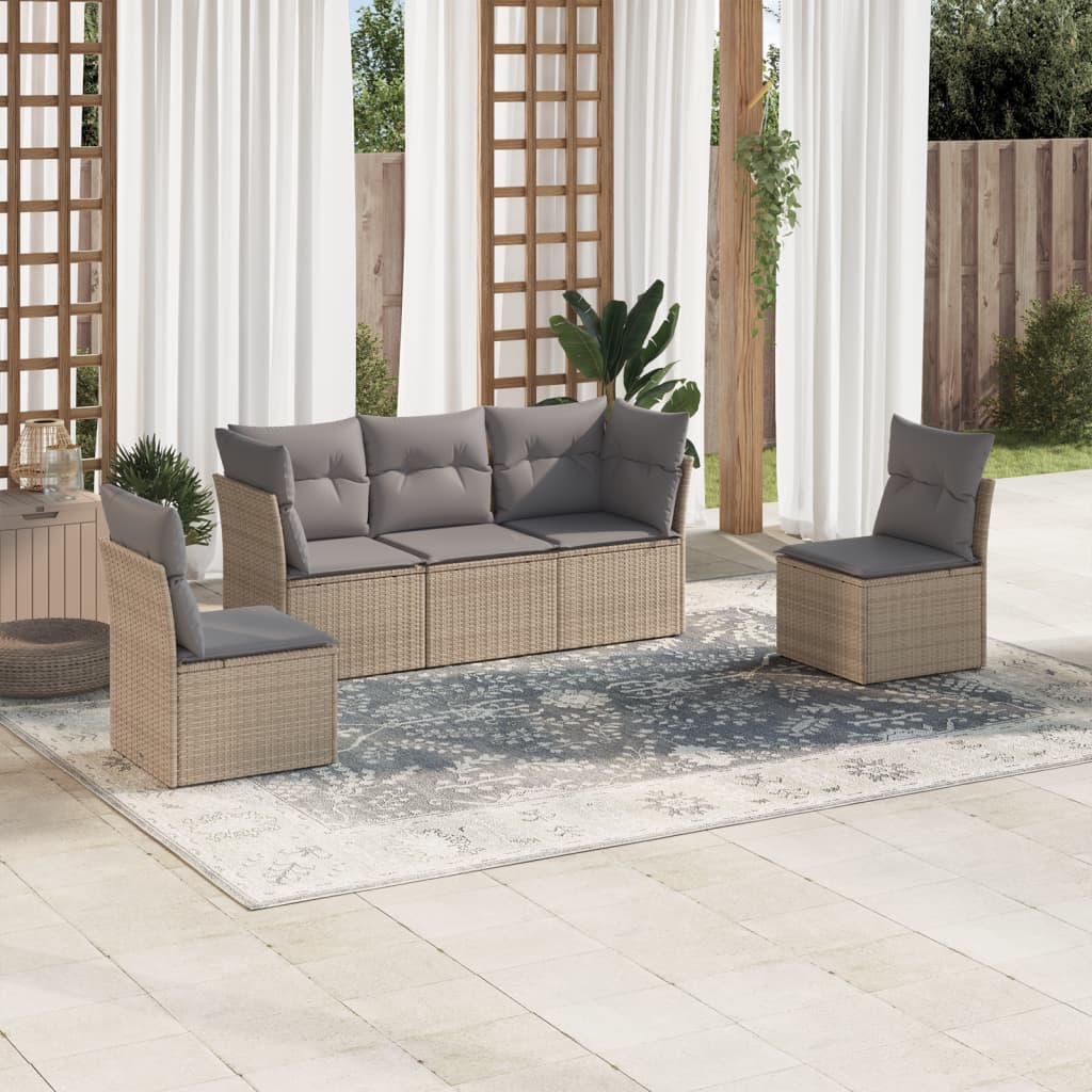 JUNG Vida 5-tlg. Garten-Sofagarnitur mit Kissen Beige Poly Rattan