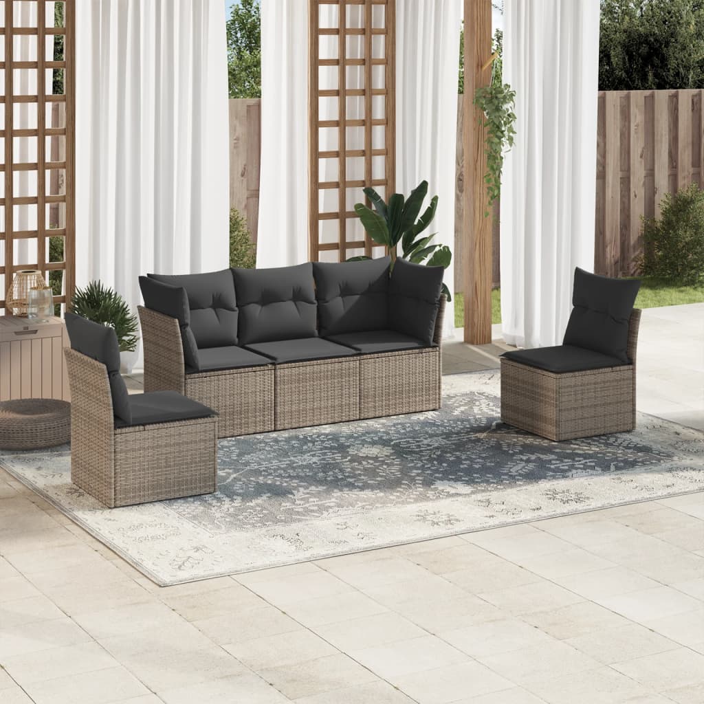 JUNG Vida 5-tlg. Garten-Sofagarnitur mit Kissen Grau Poly Rattan
