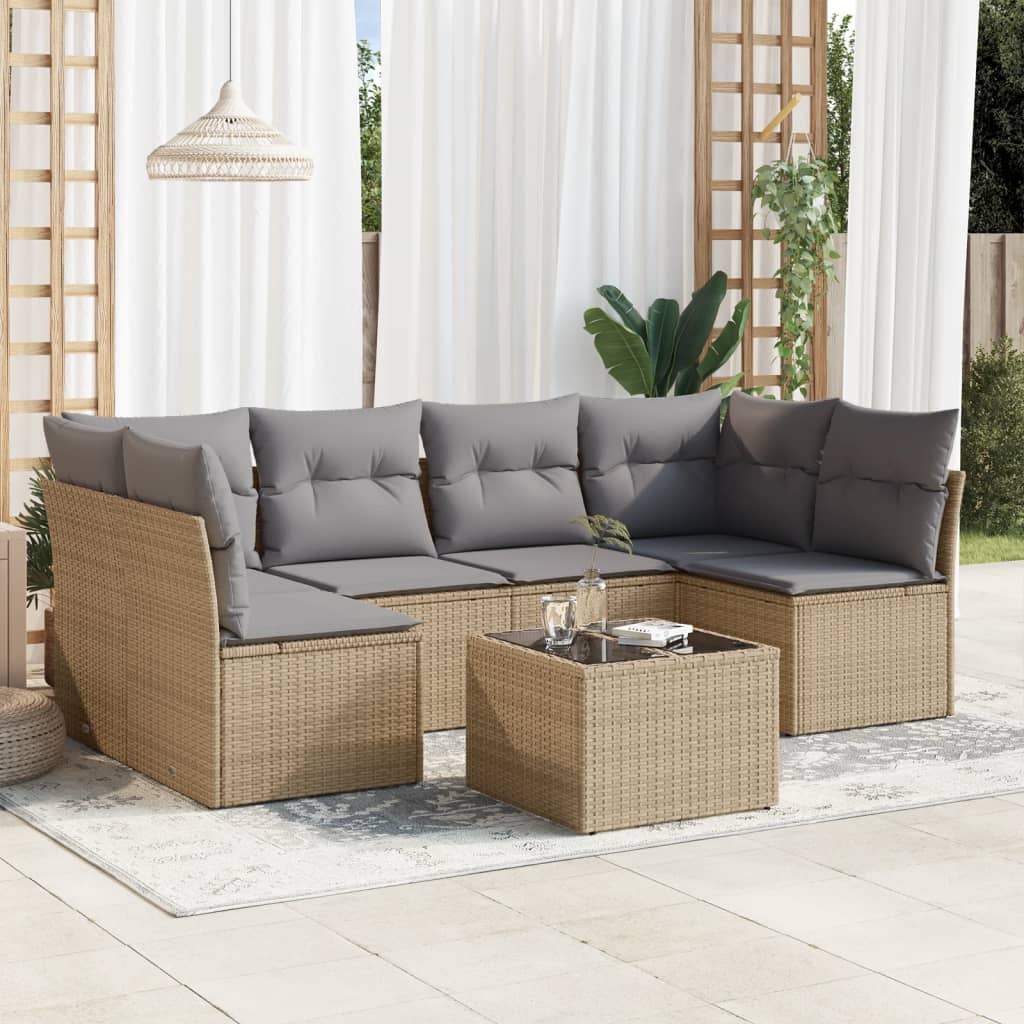 JUNG Vida 7-tlg. Garten-Sofagarnitur mit Kissen Beige Poly Rattan