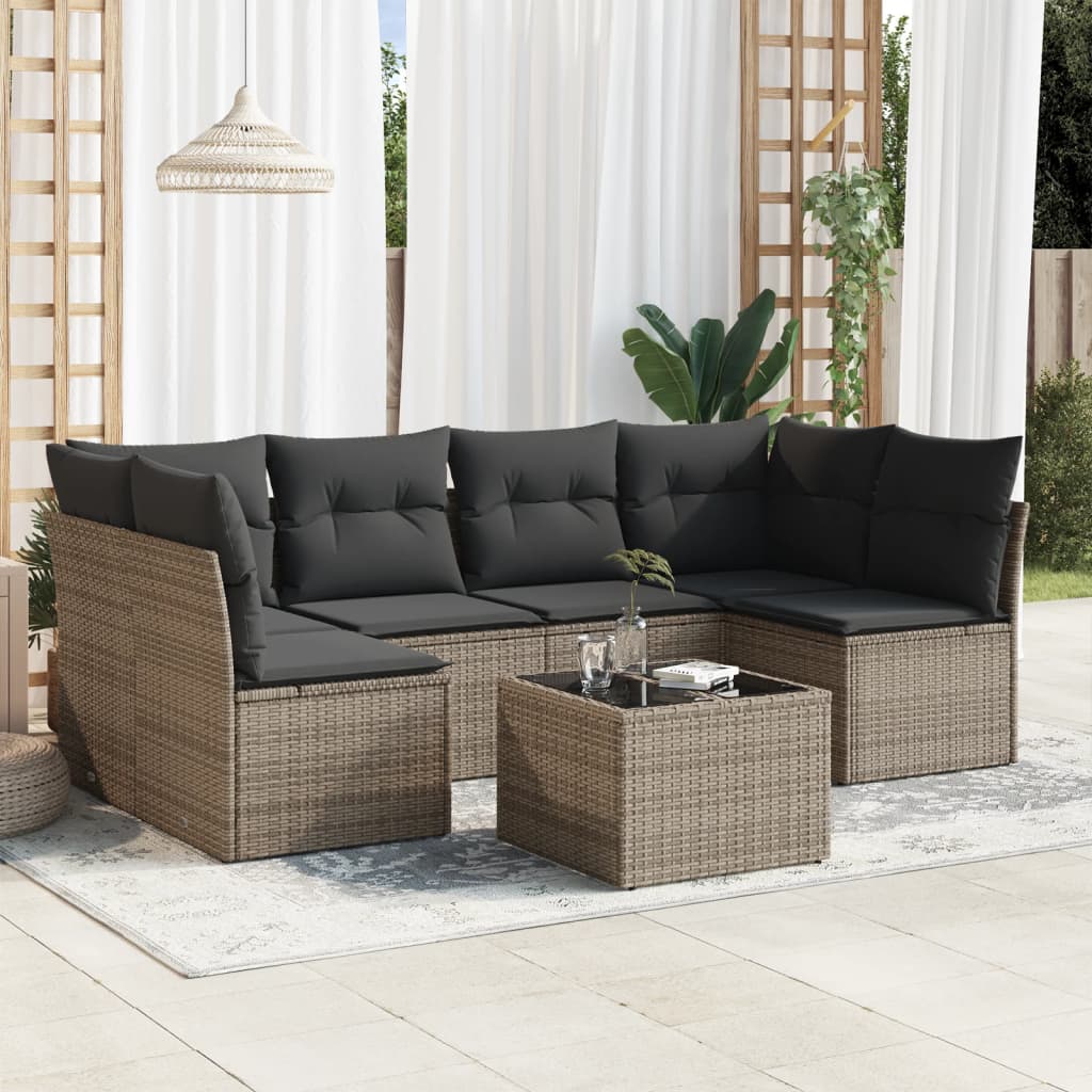 JUNG Vida 7-tlg. Garten-Sofagarnitur mit Kissen Grau Poly Rattan