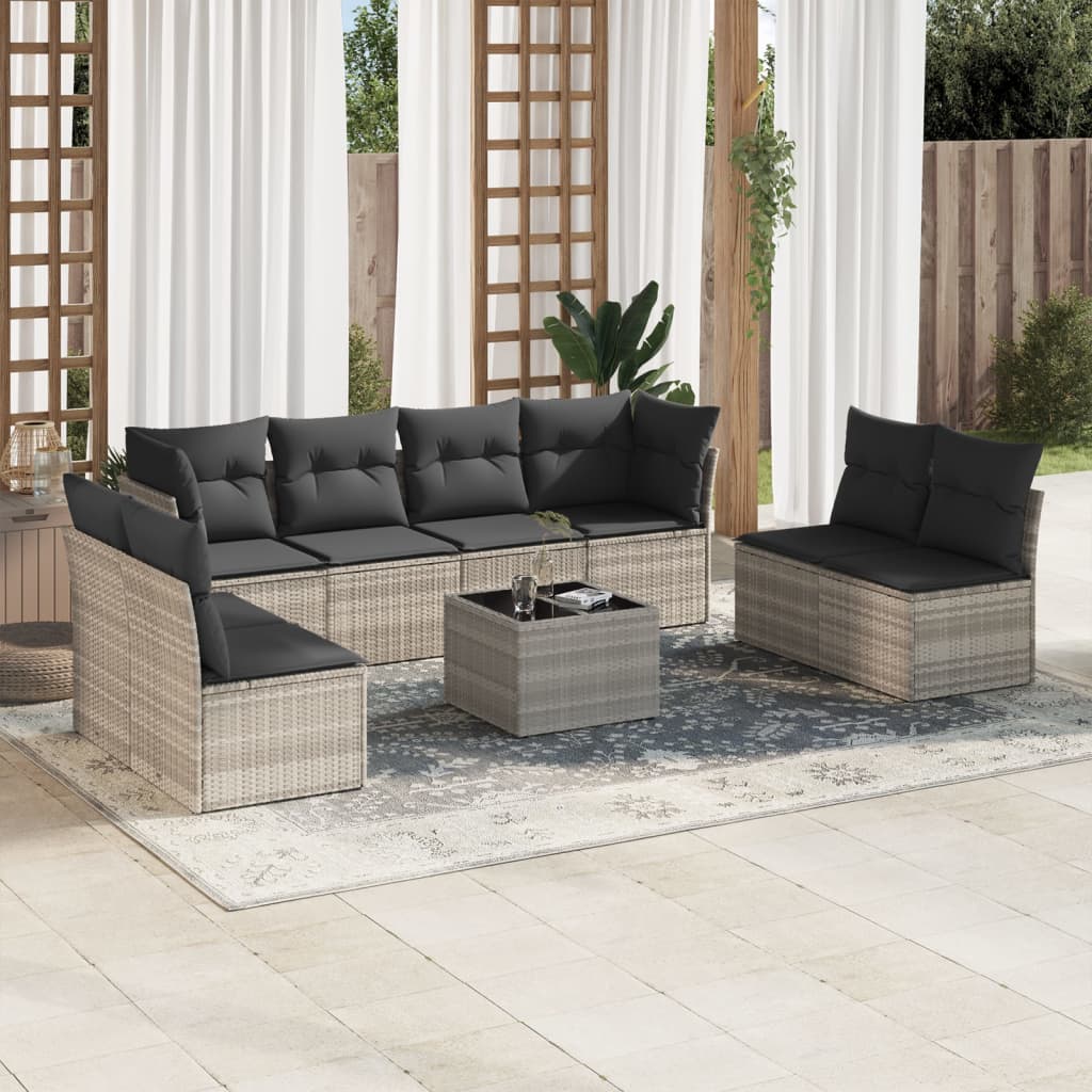 JUNG Vida 9-tlg. Garten-Sofagarnitur mit Kissen Hellgrau Poly Rattan