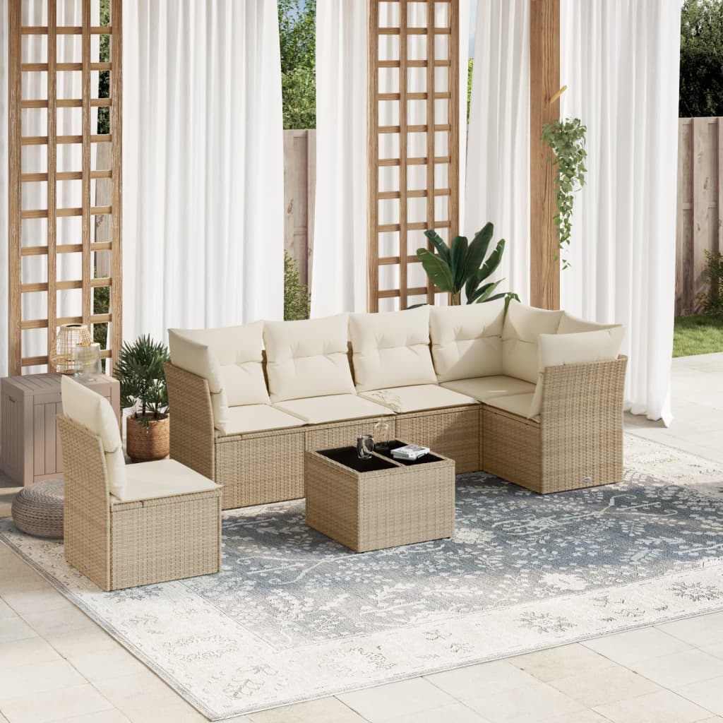 JUNG Vida 7-tlg. Garten-Sofagarnitur mit Kissen Beige Poly Rattan