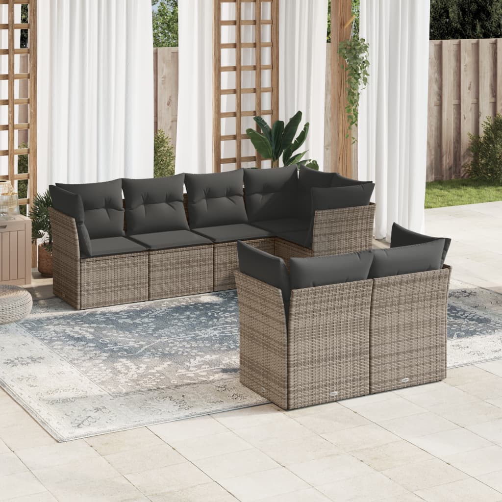 JUNG Vida 7-tlg. Garten-Sofagarnitur mit Kissen Grau Poly Rattan