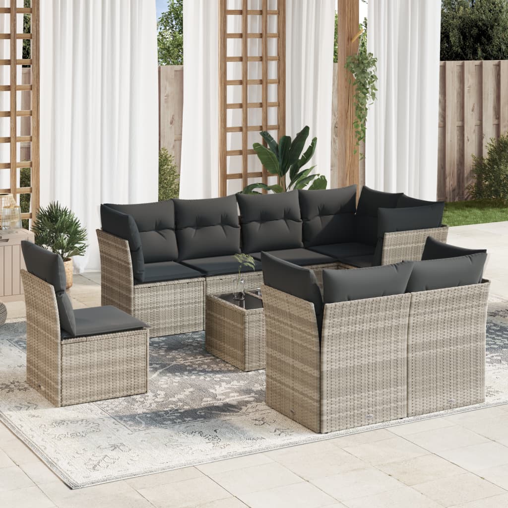 JUNG Vida 9-tlg. Garten-Sofagarnitur mit Kissen Hellgrau Poly Rattan