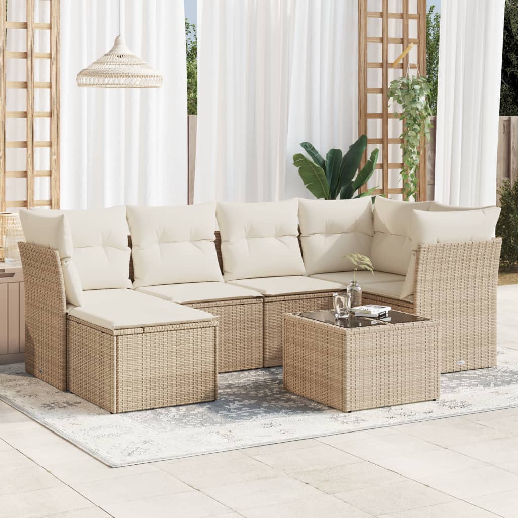 JUNG Vida 7-tlg. Garten-Sofagarnitur mit Kissen Beige Poly Rattan