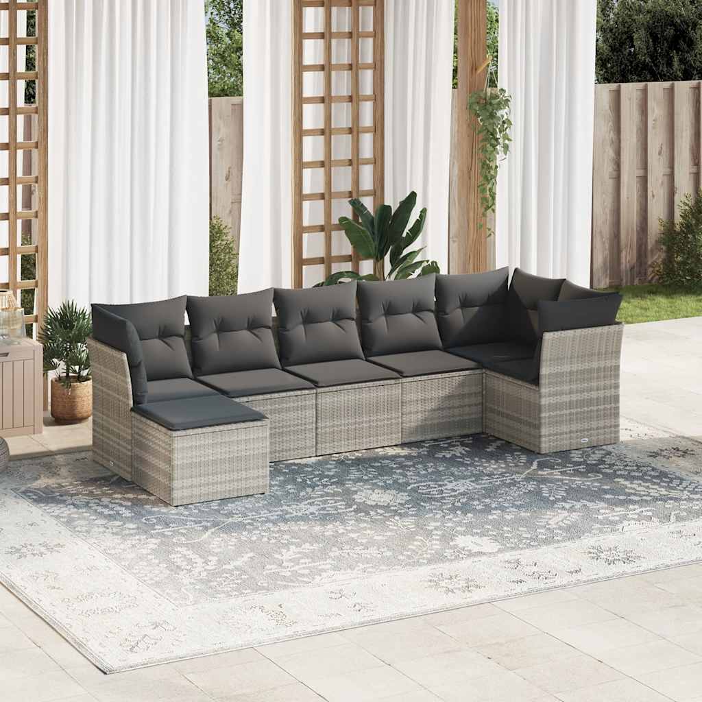 JUNG Vida 7-tlg. Garten-Sofagarnitur mit Kissen Hellgrau Poly Rattan