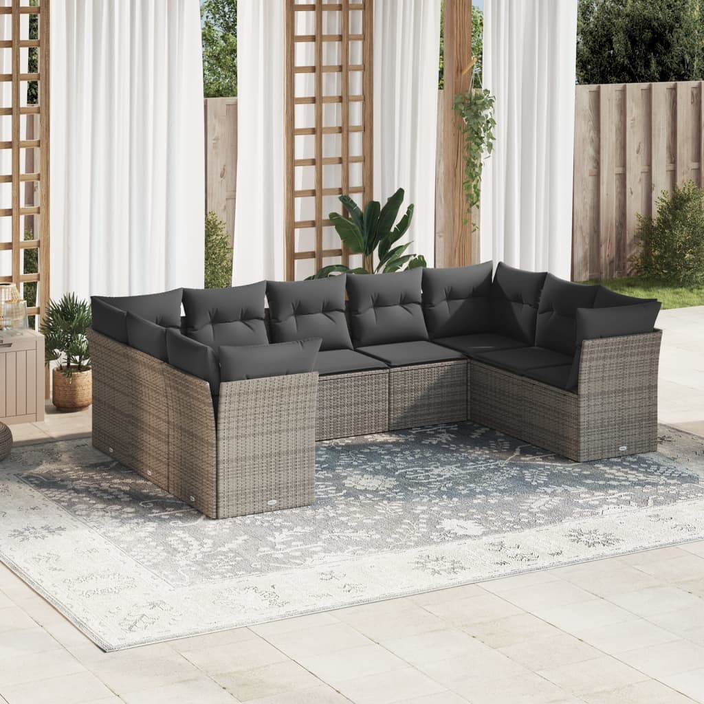 JUNG Vida 9-tlg. Garten-Sofagarnitur mit Kissen Grau Poly Rattan