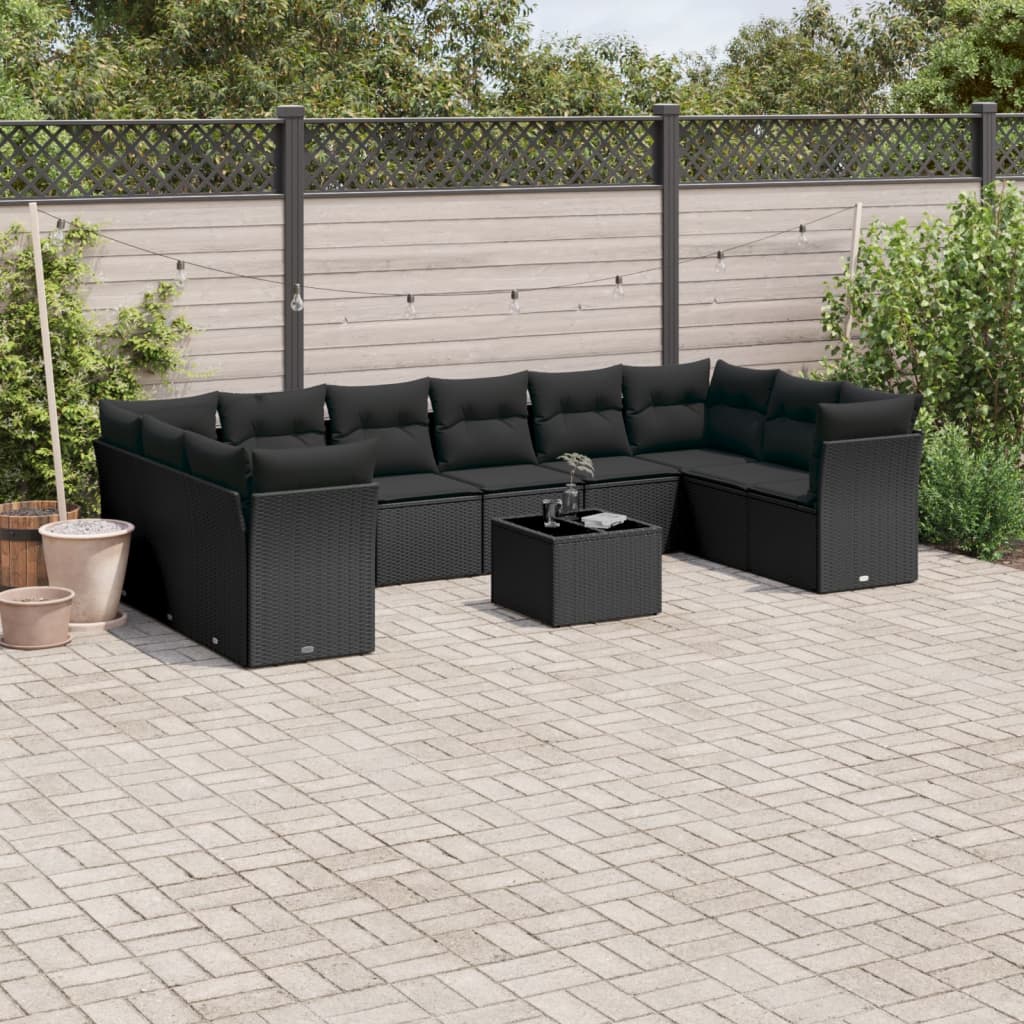 JUNG Vida 11-tlg. Garten-Sofagarnitur mit Kissen Schwarz Poly Rattan