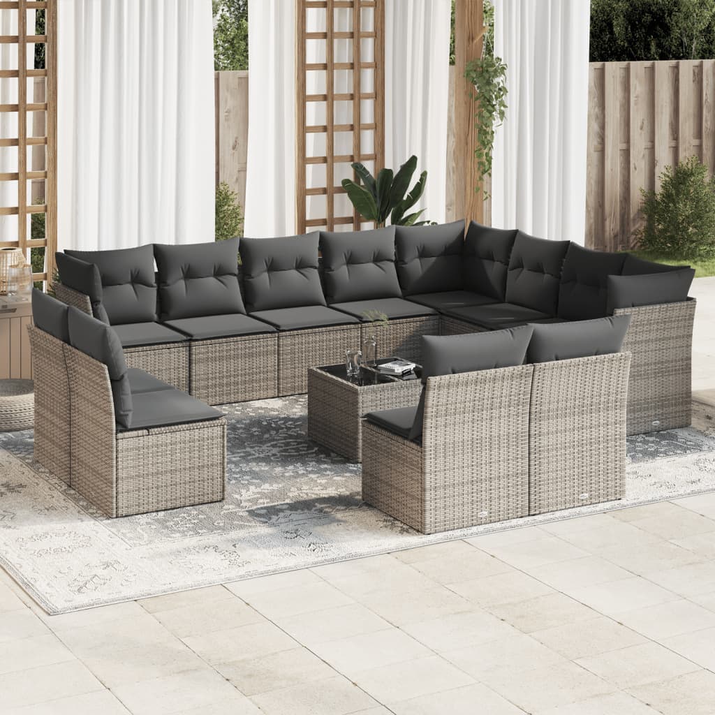 JUNG Vida 13-tlg. Garten-Sofagarnitur mit Kissen Grau Poly Rattan