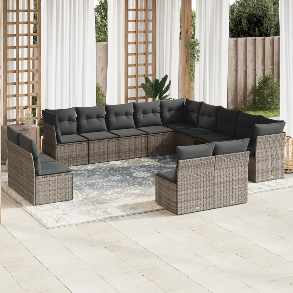 JUNG Vida 13-tlg. Garten-Sofagarnitur mit Kissen Grau Poly Rattan
