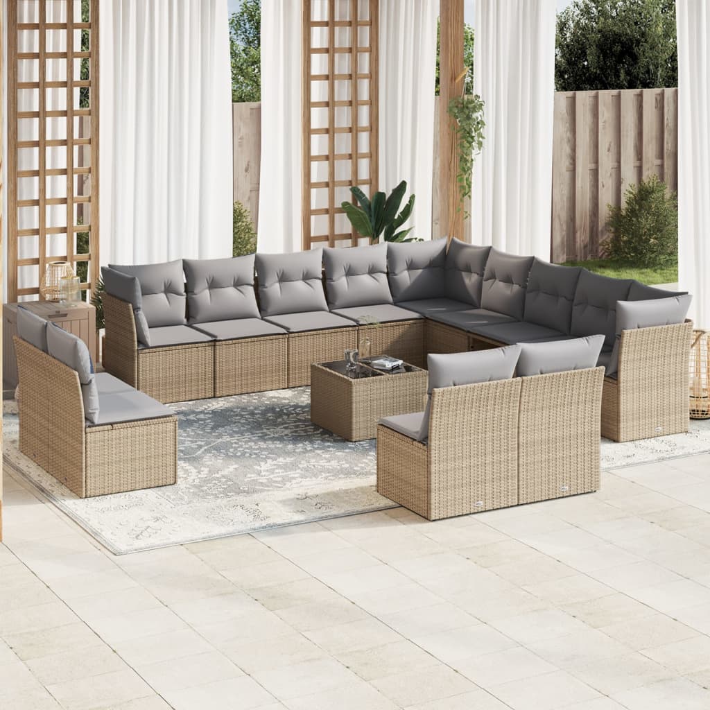 JUNG Vida 14-tlg. Garten-Sofagarnitur mit Kissen Beige Poly Rattan