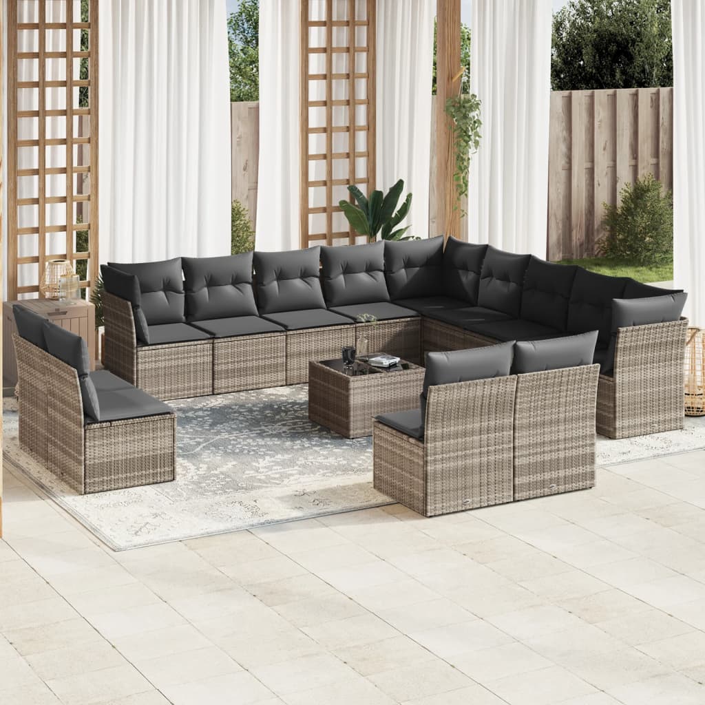 JUNG Vida 14-tlg. Garten-Sofagarnitur mit Kissen Hellgrau Poly Rattan