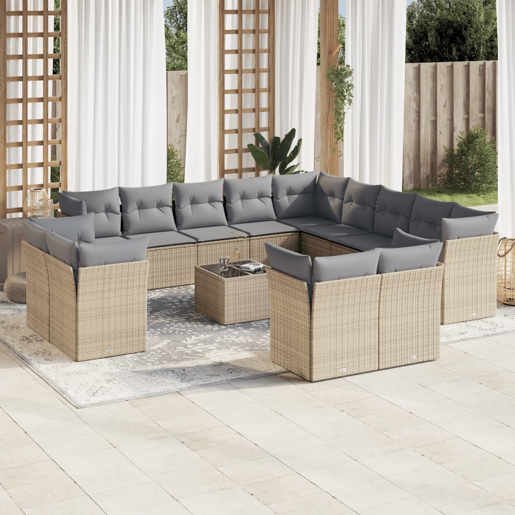JUNG Vida 14-tlg. Garten-Sofagarnitur mit Kissen Beige Poly Rattan