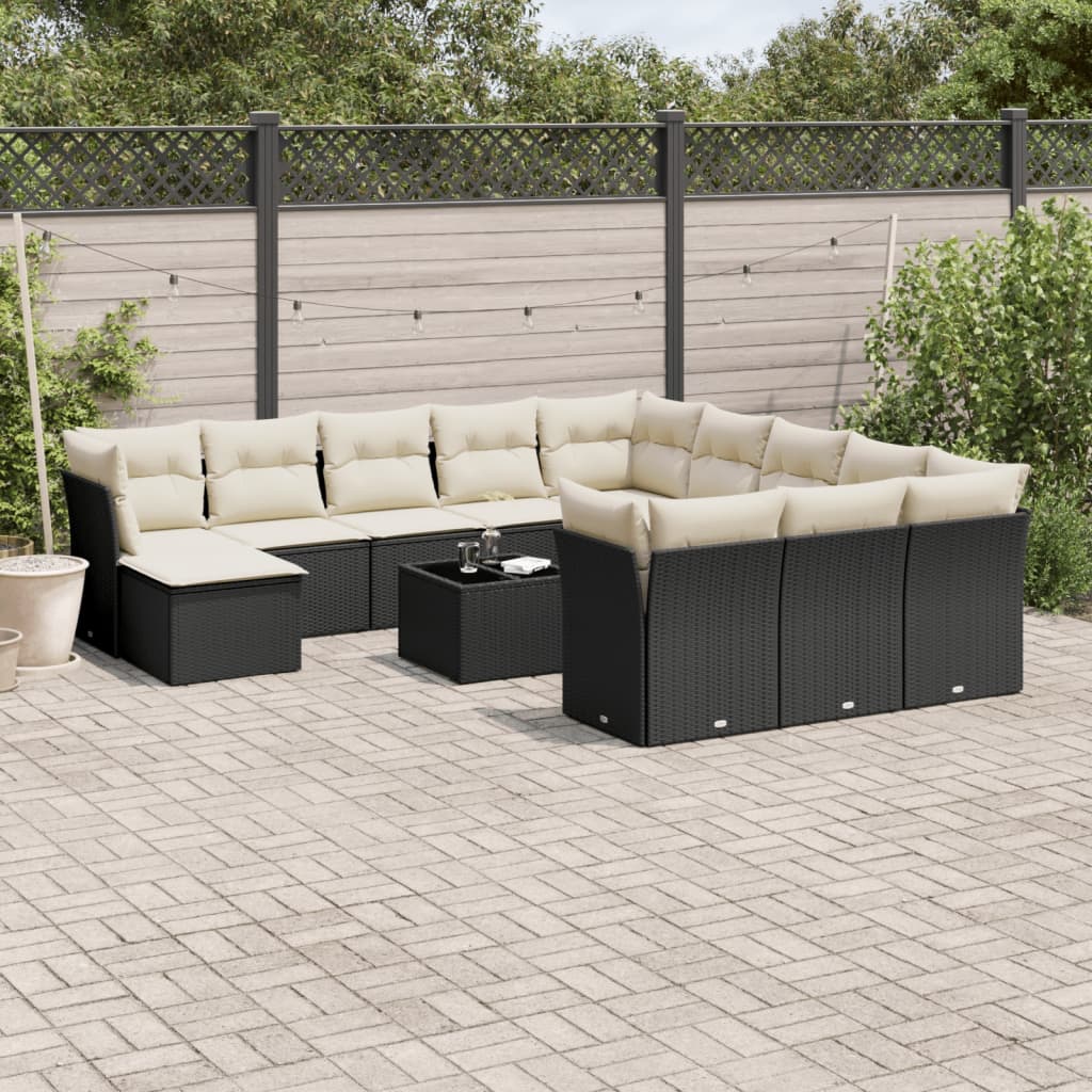 JUNG Vida 13-tlg. Garten-Sofagarnitur mit Kissen Schwarz Poly Rattan