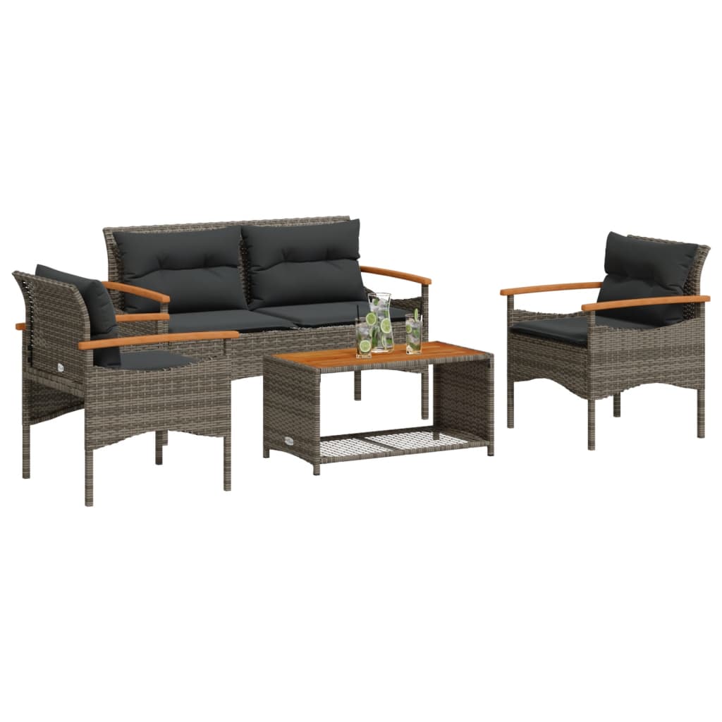 JUNG Vida 4-tlg. Garten-Sofagarnitur mit Kissen Grau Poly Rattan