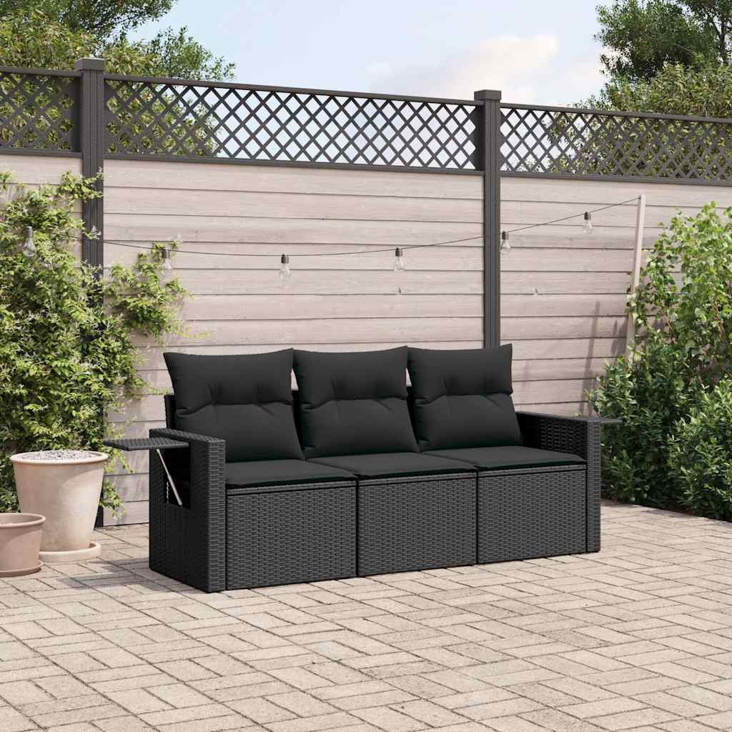 JUNG Vida 3-tlg. Garten-Sofagarnitur mit Kissen Schwarz Poly Rattan