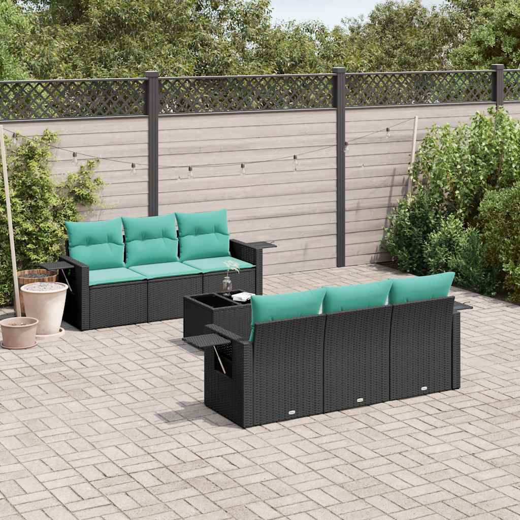 JUNG Vida 7-teiliges Gartensofa-Set mit Kissen, schwarzes Polyrattan