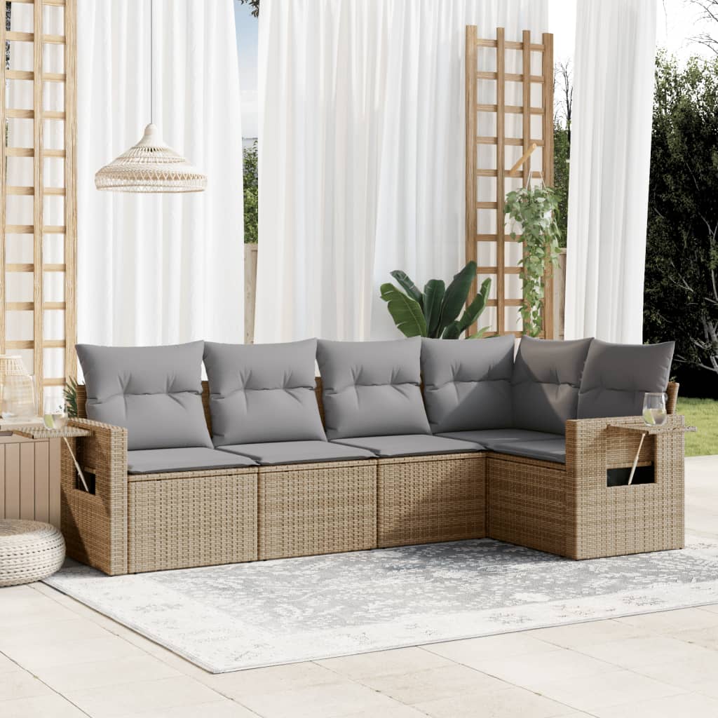JUNG Vida 5-tlg. Garten-Sofagarnitur mit Kissen Beige Poly Rattan