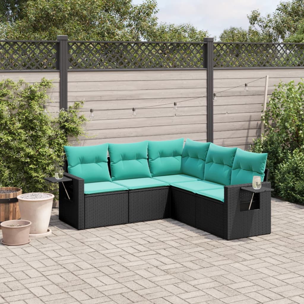 JUNG Vida 5-teiliges Gartensofa-Set mit Kissen, schwarzes Polyrattan