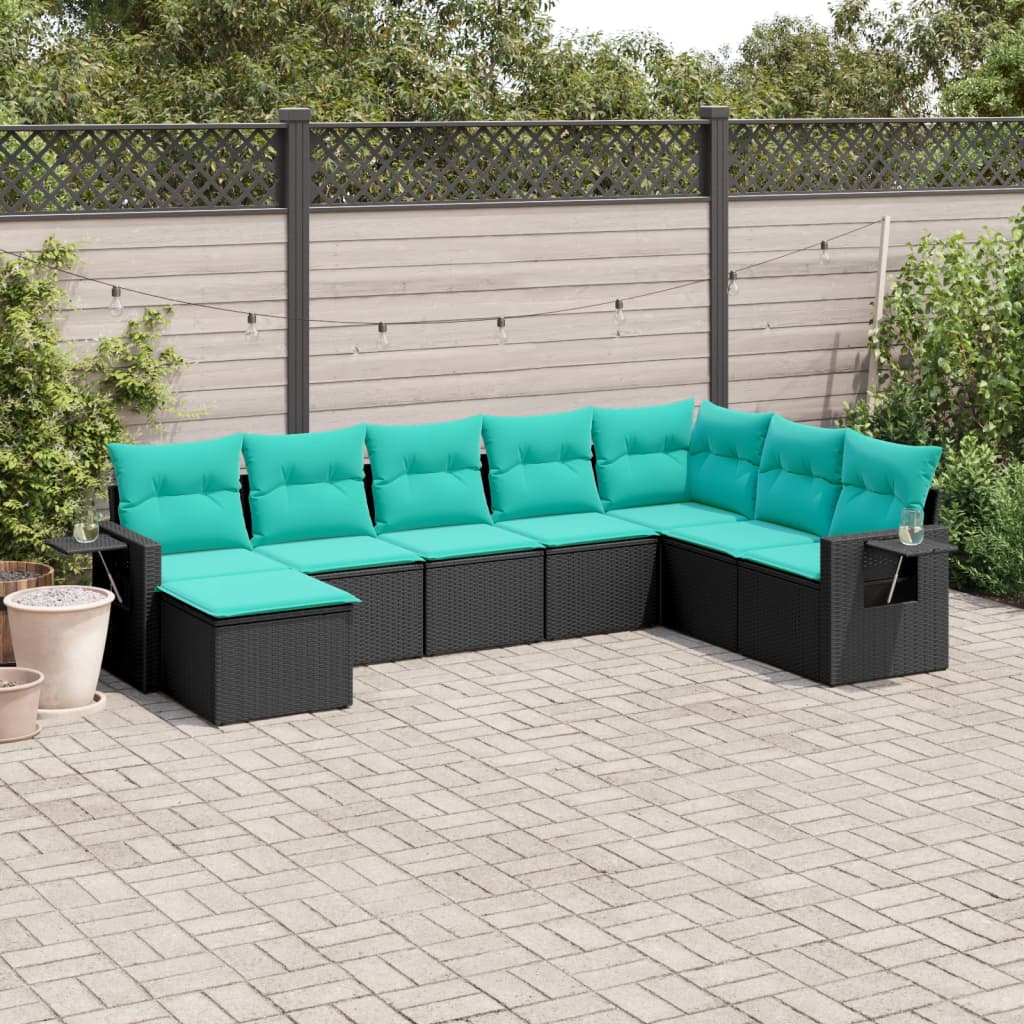 JUNG Vida 8-teiliges Gartensofa-Set mit Kissen, schwarzes Polyrattan