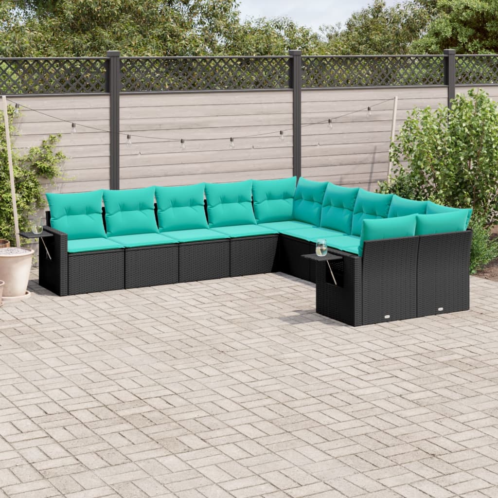 JUNG Vida 10-teiliges Gartensofa-Set mit Kissen, schwarzes Polyrattan