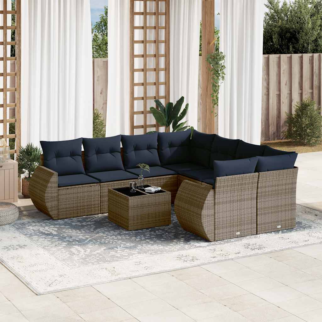 JUNG Vida 9-teiliges Gartensofa-Set mit Kissen, grau, Polyrattan