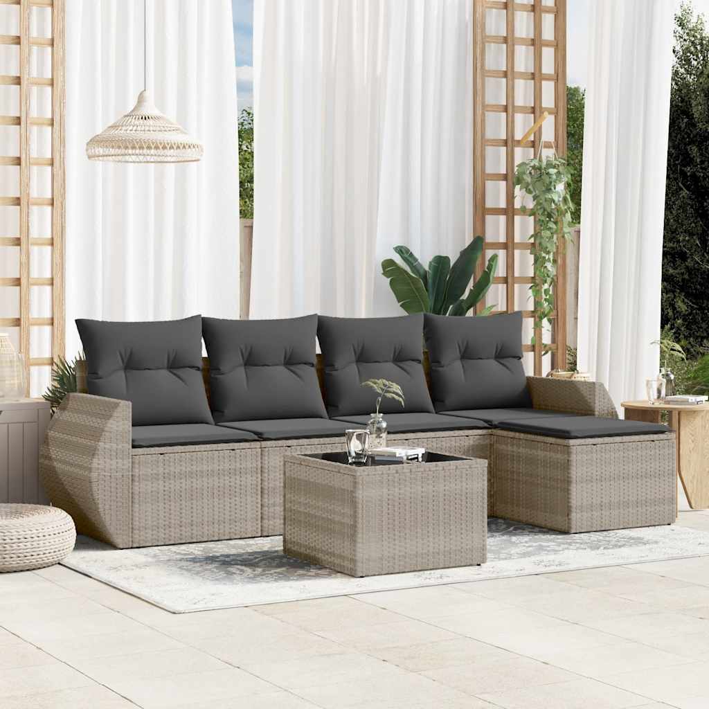 JUNG Vida 6-tlg. Garten-Sofagarnitur mit Kissen Hellgrau Poly Rattan