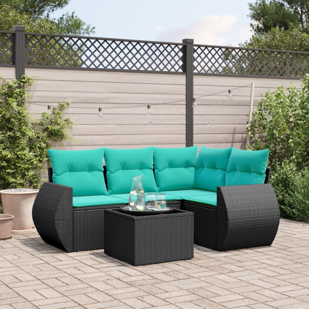 JUNG Vida 5-teiliges Gartensofa-Set mit Kissen, schwarzes Polyrattan