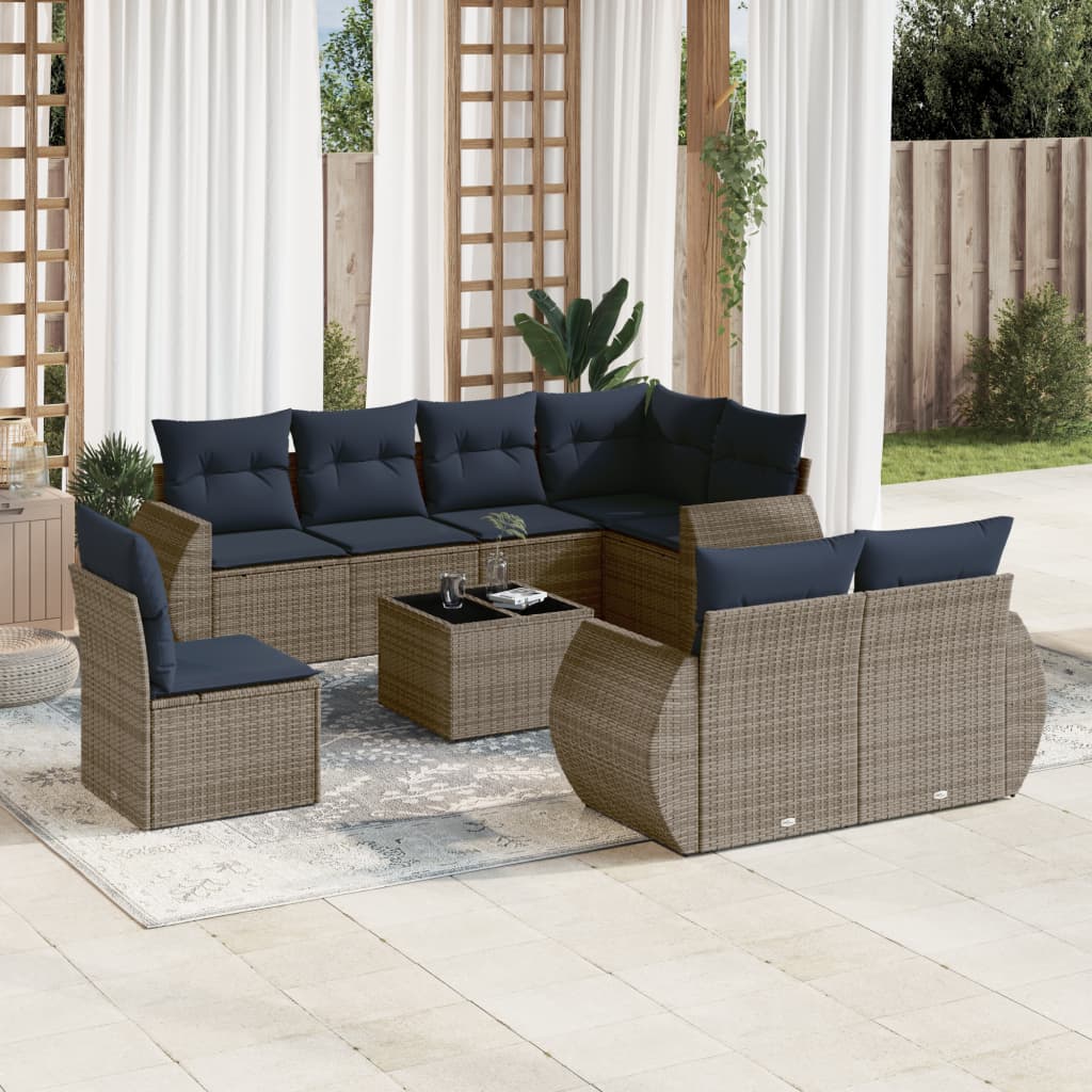 JUNG Vida 9-teiliges Gartensofa-Set mit Kissen, grau, Polyrattan