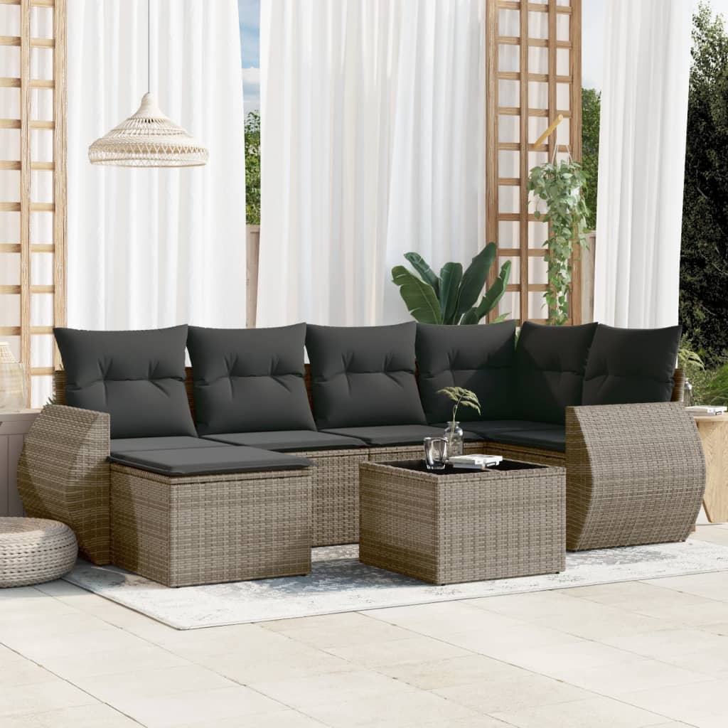 JUNG Vida 7-tlg. Garten-Sofagarnitur mit Kissen Grau Poly Rattan