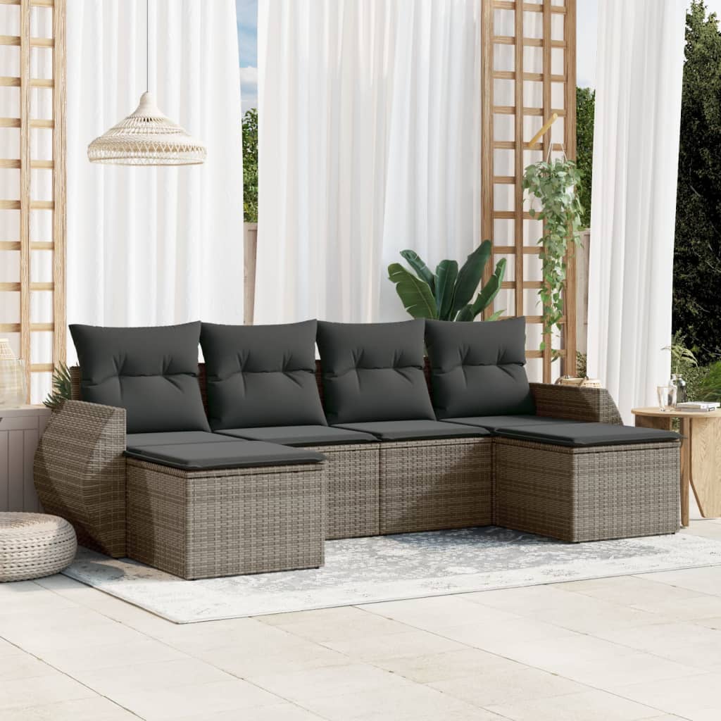 JUNG Vida 6-tlg. Garten-Sofagarnitur mit Kissen Grau Poly Rattan