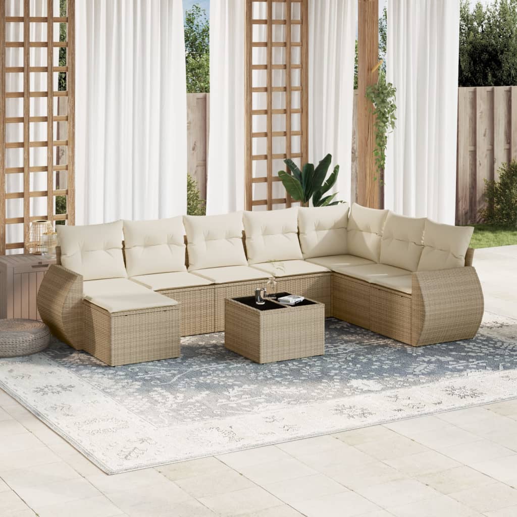 JUNG Vida 9-tlg. Garten-Sofagarnitur mit Kissen Beige Poly Rattan