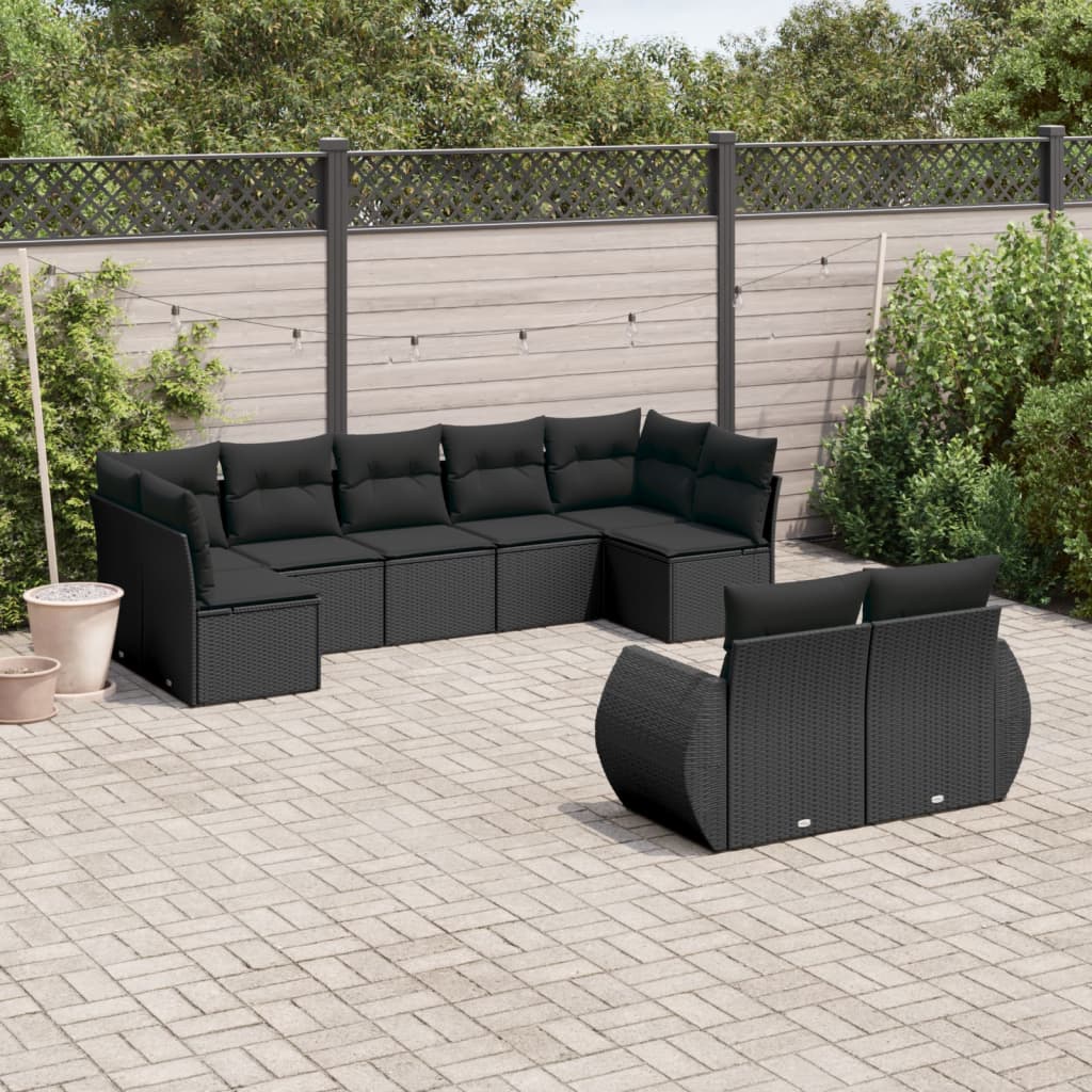 JUNG Vida 9-tlg. Garten-Sofagarnitur mit Kissen Schwarz Poly Rattan