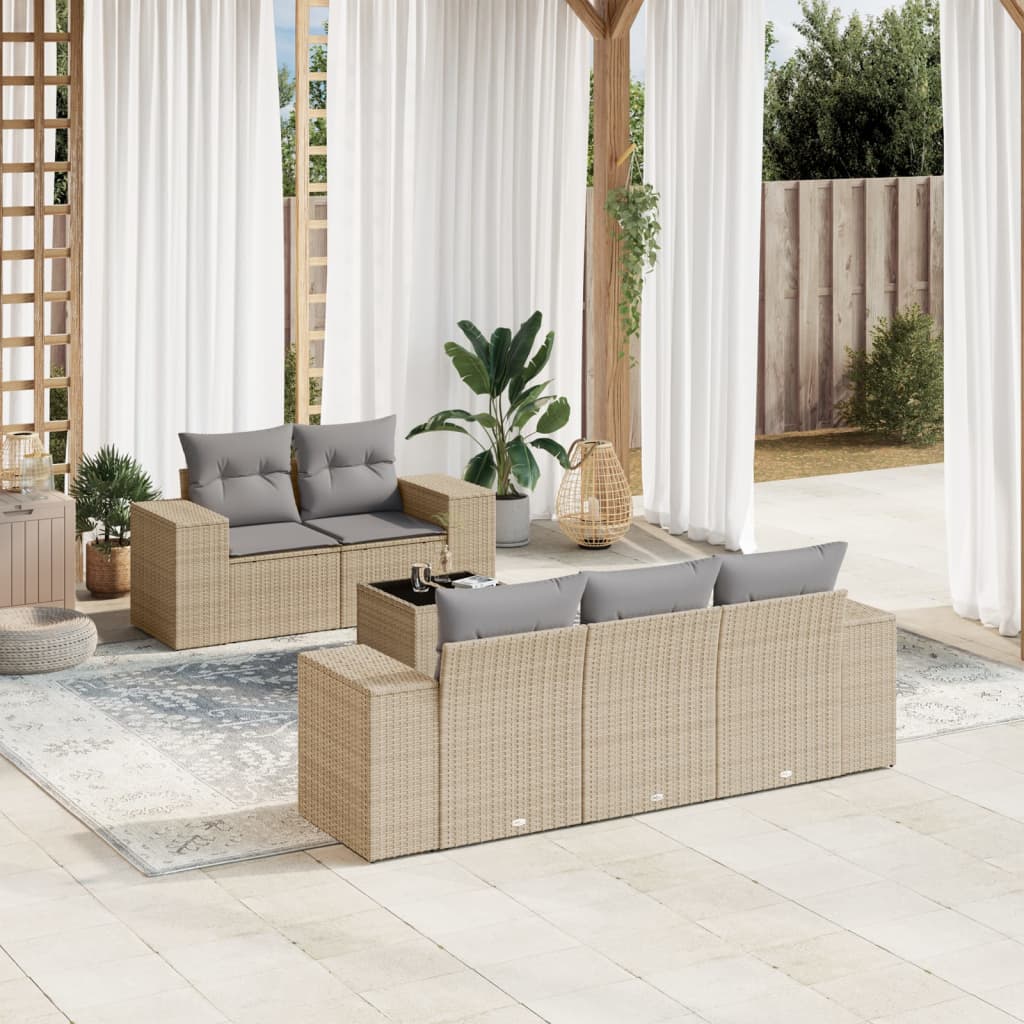 JUNG Vida 6-tlg. Garten-Sofagarnitur mit Kissen Beige Poly Rattan