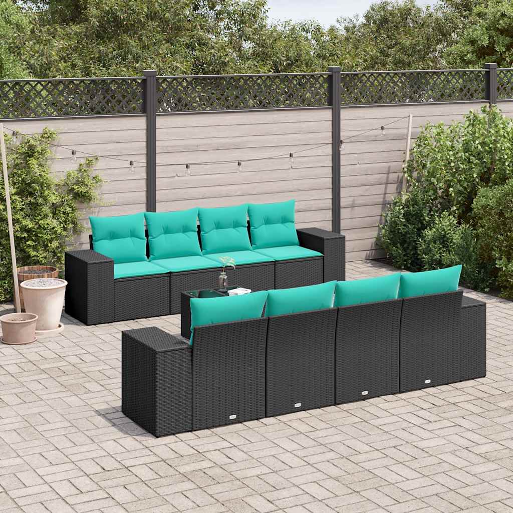 JUNG Vida 9-teiliges Gartensofa-Set mit Kissen, schwarzes Polyrattan
