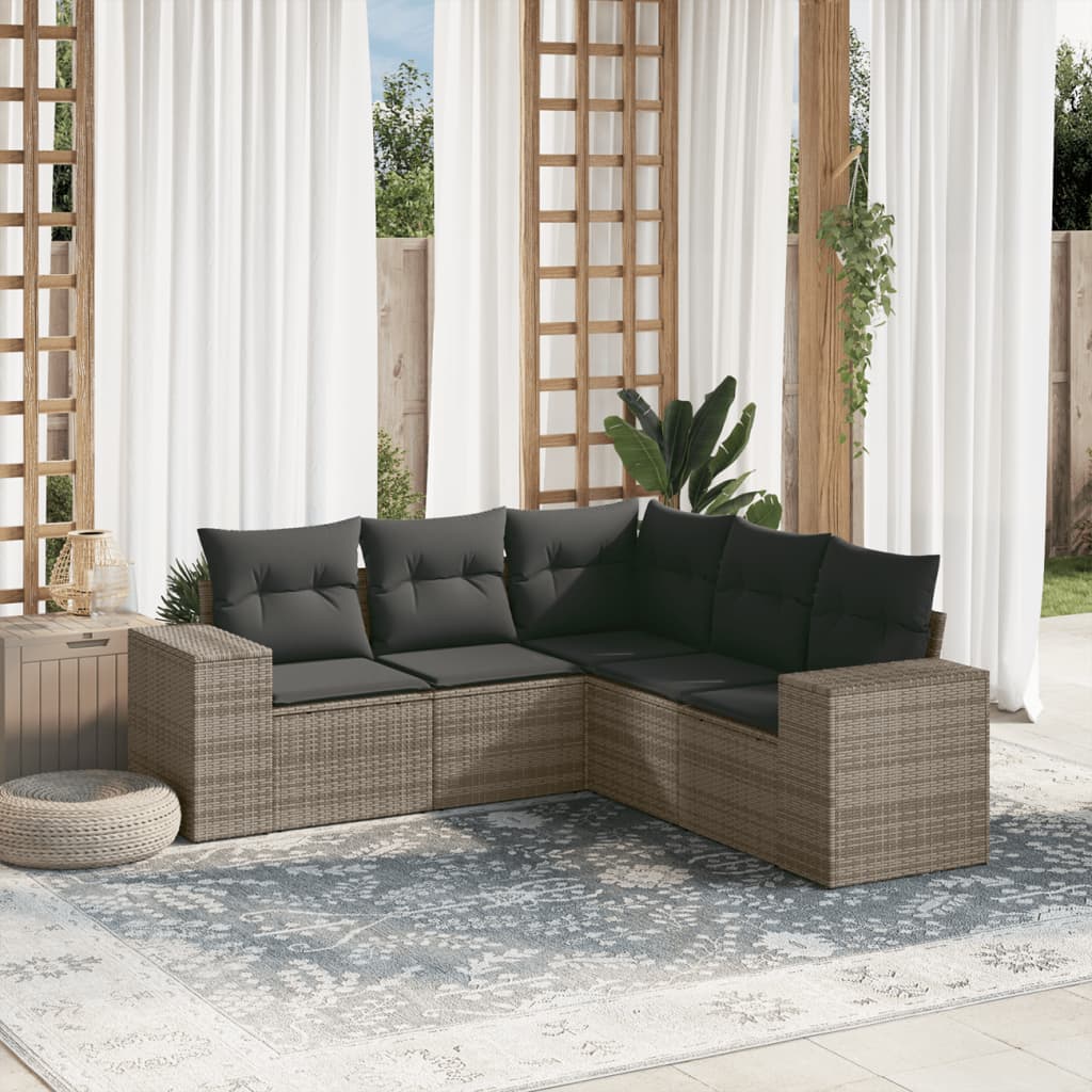 JUNG Vida 5-tlg. Garten-Sofagarnitur mit Kissen Grau Poly Rattan