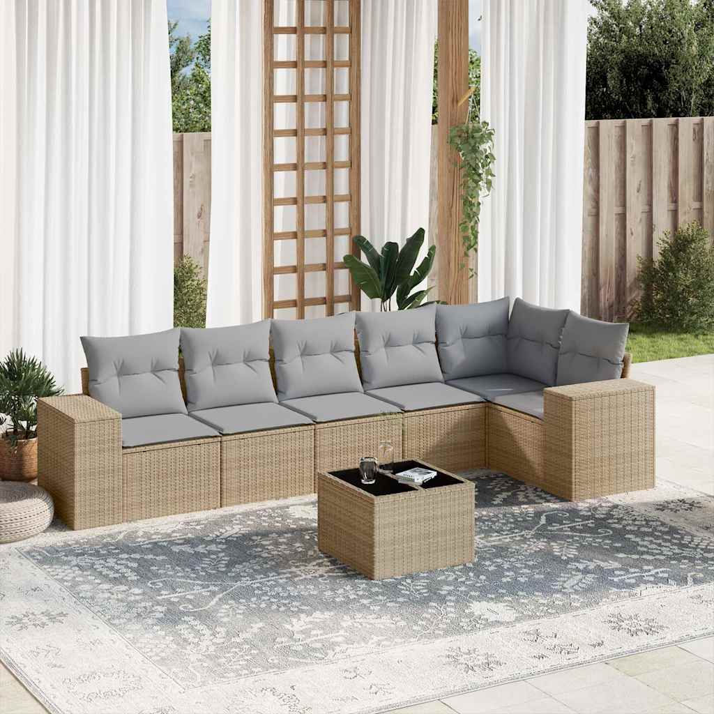 JUNG Vida 7-tlg. Garten-Sofagarnitur mit Kissen Beige Poly Rattan