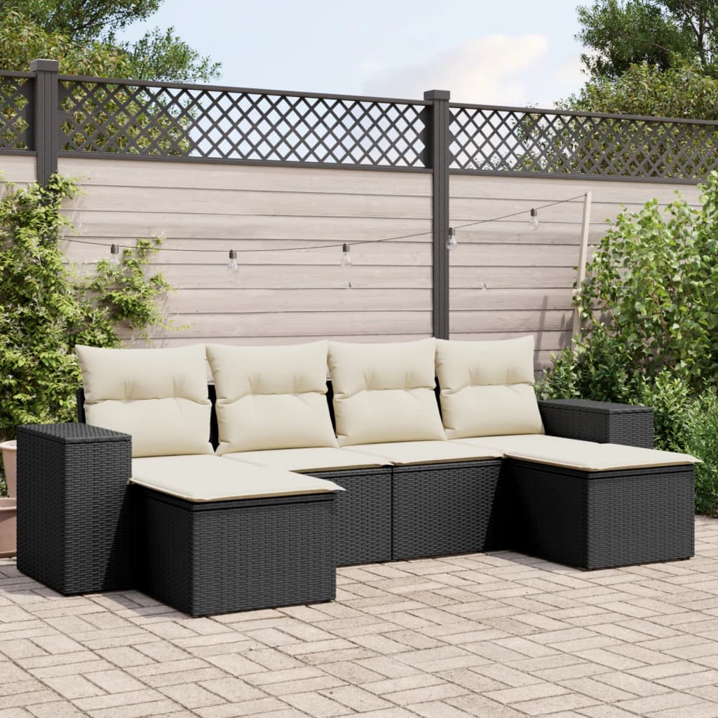 JUNG Vida 6-tlg. Garten-Sofagarnitur mit Kissen Schwarz Poly Rattan