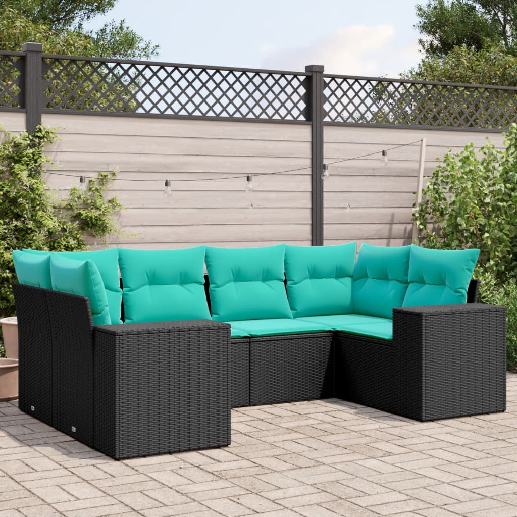 JUNG Vida 6-teiliges Gartensofa-Set mit Kissen, schwarzes Polyrattan