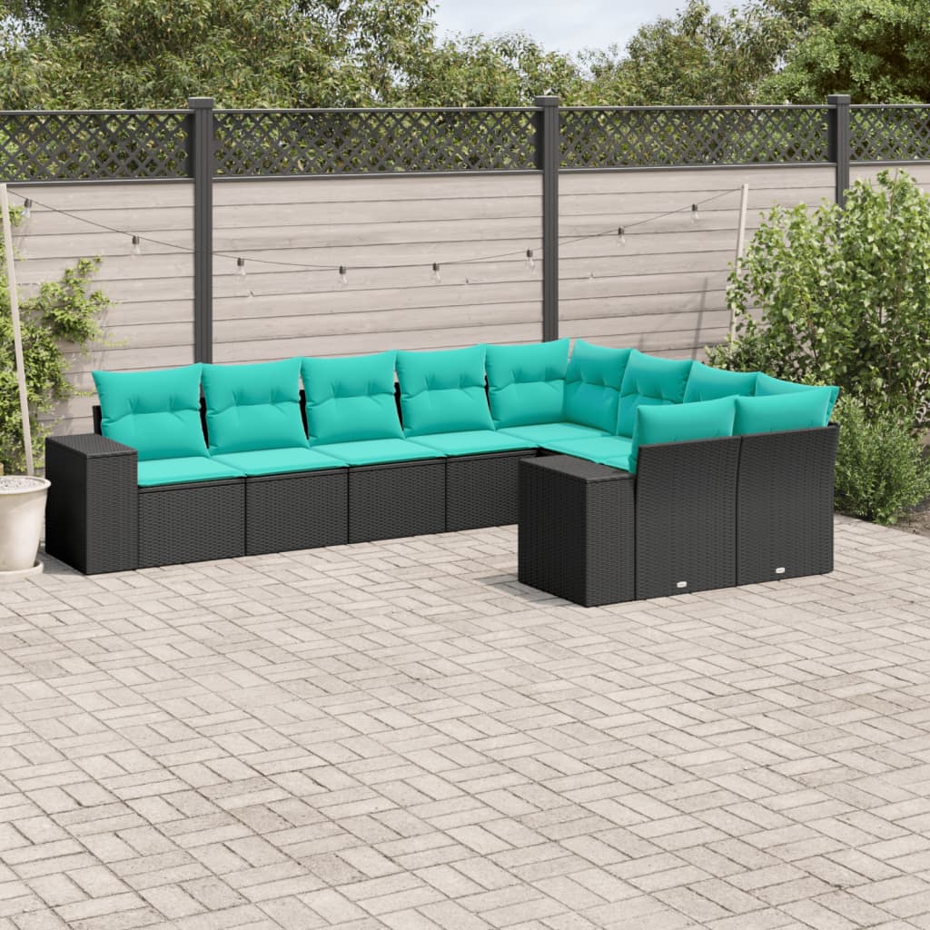 JUNG Vida 9-teiliges Gartensofa-Set mit Kissen, schwarzes Polyrattan