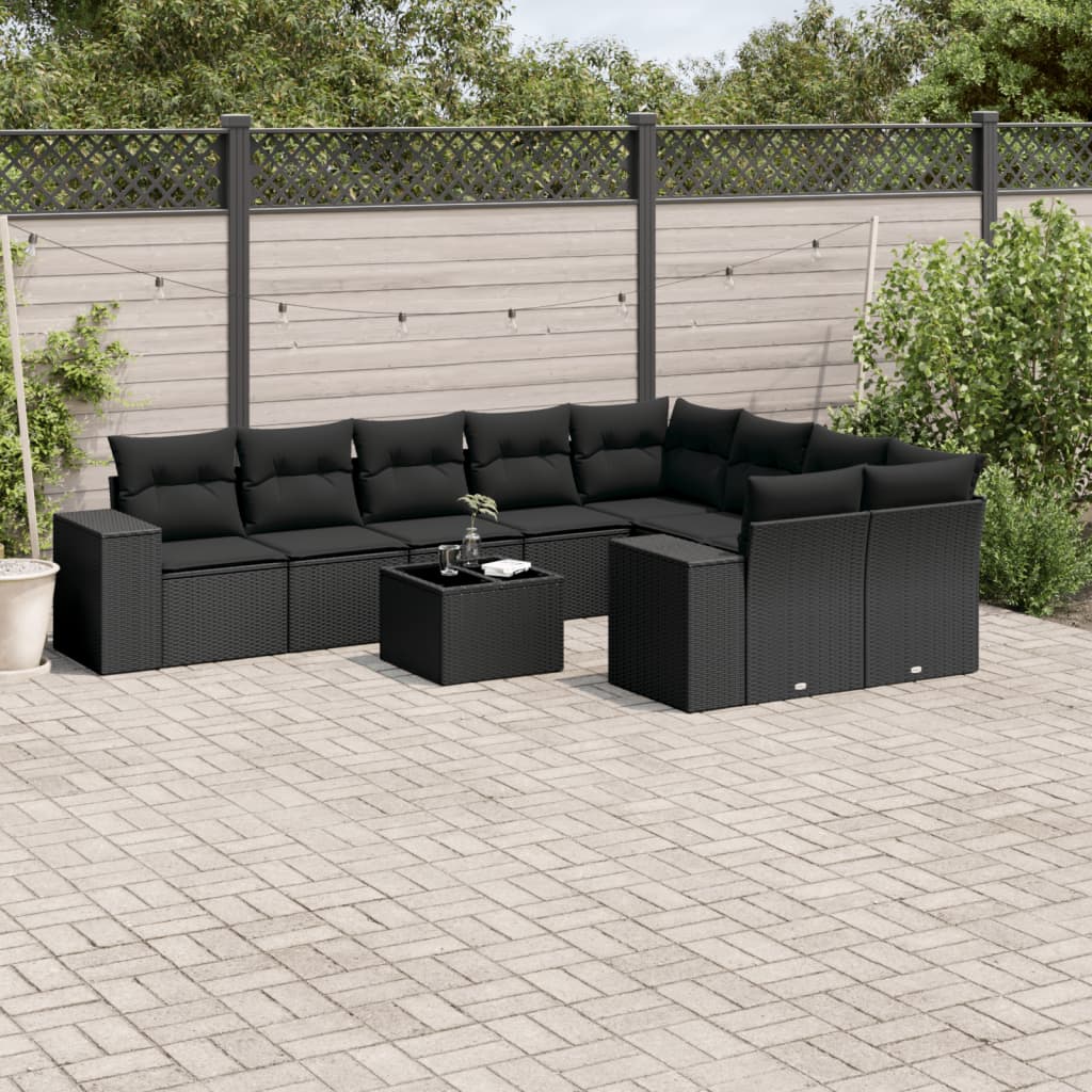 JUNG Vida 10-tlg. Garten-Sofagarnitur mit Kissen Schwarz Poly Rattan