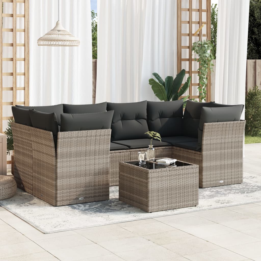 JUNG Vida 7-tlg. Garten-Sofagarnitur mit Kissen Hellgrau Poly Rattan