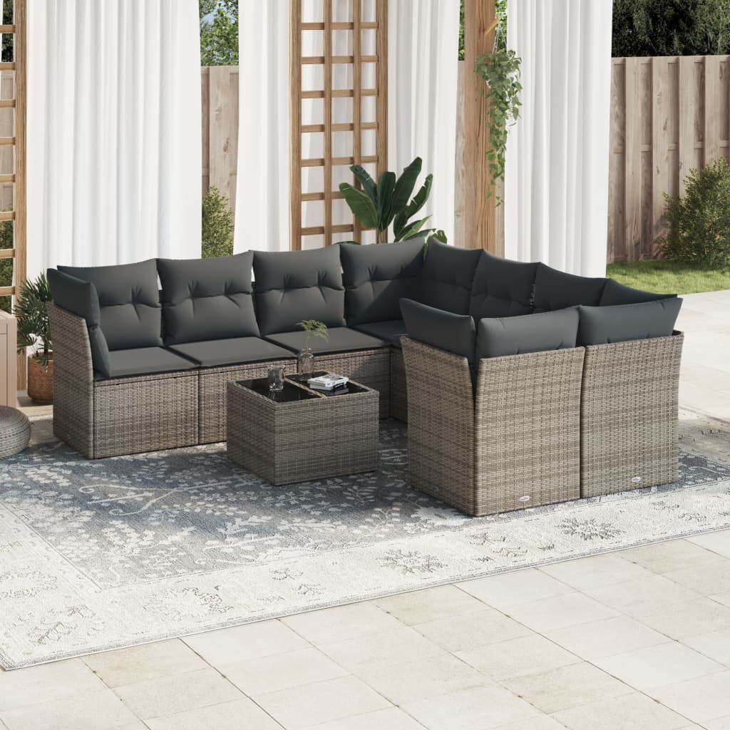 JUNG Vida 9-tlg. Garten-Sofagarnitur mit Kissen Grau Poly Rattan