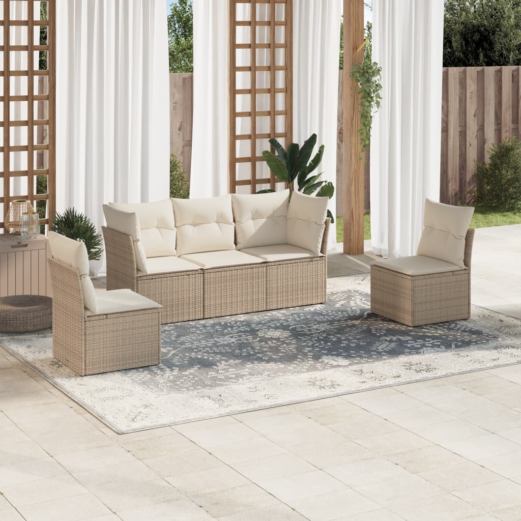 JUNG Vida 5-tlg. Garten-Sofagarnitur mit Kissen Beige Poly Rattan